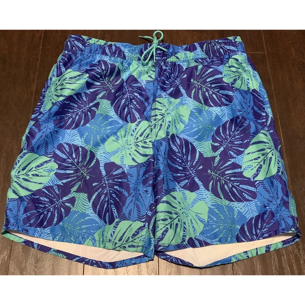 OCEAN AND COAST M Medium Blue Palm Leaf Print Swim Trunks Lined Board Shorts EUC